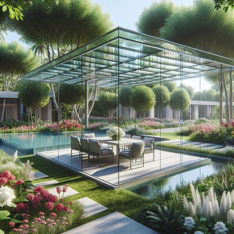 Integracja roślin pnących ze szklaną pergolą.